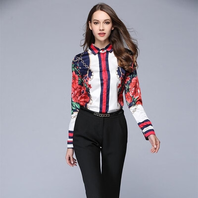 

S M L XL XXL vintage new spring 2019 women blouse shirt long sleeve white red flower digital print office top lady