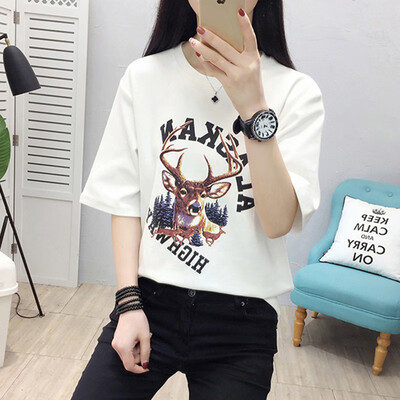

JOY OF JOY Jingdong Womens 2019 New Summer Short Sleeve T-Shirt Loose Short Sleeve Top Cartoon Deer Print T-Shirt Female JWTD191863 White 2XL