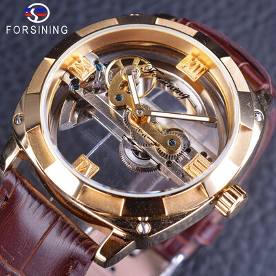 

Forsining Official Exclusive Sale Double Side Transparent Steampunk Design Automatic Watch for Men Sport Watch Genuine Leather
