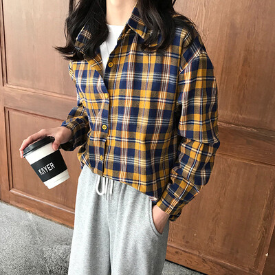 

Long Yue womens 2019 spring new c long-sleeved shirt female students Korean version of the loose retro plaid shirt LWCC191190 yellow M