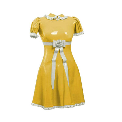 

Sexy Latex Dress 100 Rubber Yellow with White Maid Cosplay Skirt 04mm Women