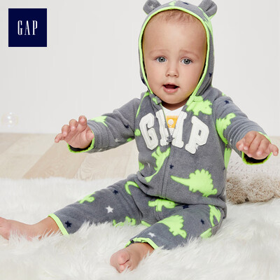 

GAP flagship store male baby logo logo fleece bear ear hooded jumpsuit autumn clothing pure charcoal gray 52cm 0-3 months