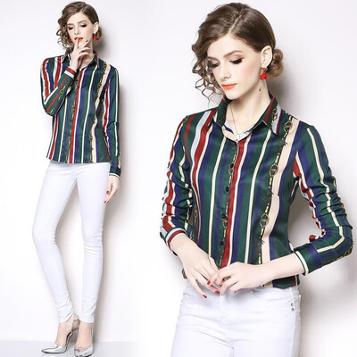 

M L XL XXL vintage new spring 2019 women blouse shirt long sleeve striped digital print office top lady