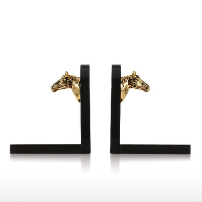 

Bookends Decorated with Golden Horse Head Art Bookends Wooden 1 Pair Study Room Ornament Office Decor