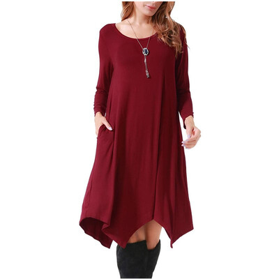 

Women Round Neck Long Sleeve Dress Medium Long Irregular Dress Irregular Hem Casual Dress