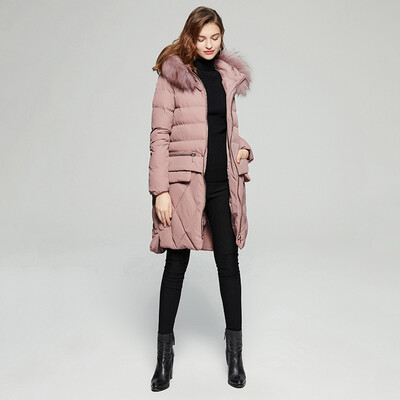 

Her pool womens 2018 winter new hooded folds long section cover meat slimming cotton clothing with fur collar warm cotton coat T74H2987A26S pink
