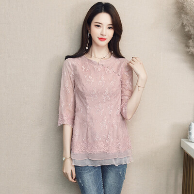 

Cypress 2019 spring new stand collar embroidered lace stitching double hem five-point sleeves slim head chiffon shirt S81R0426SA26M pink M