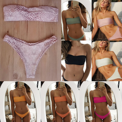 

Women Bikini Set Strapless Bandeau Solid Color Leopard Print Padded Low Waist Tie Sexy Two Piece Swimwear