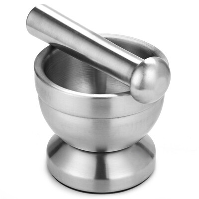 

Stainless Steel Garlic Press Grinder Mortar Salt Pestle Pedestal Bowl Pot