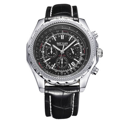 

MEGIR 2007 Leather Strap 30M Water Resistant Male Quartz Watch with Luminous Analog Working Sub-dials