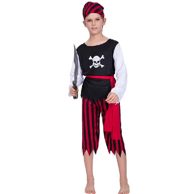 

Child Halloween Skull Pirate Costume Shirt Pants Belt Bandana Kit Masquerade Costume Cosplay Party Props-- Size for 3-4 Yea