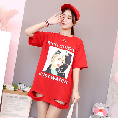 

JOY OF JOY Jingdong Womens 2019 Summer New Medium Long Loose Print T-Shirt Women JWTD191478 Red 2XL