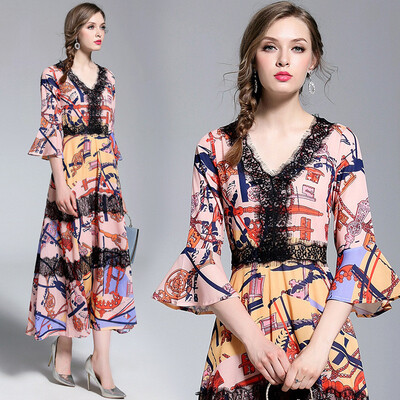 

DFYOP New Fashion European And American Womens Retro Prints V Collar Trumpet Sleeves Lace Waist And Pendant Dress