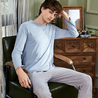 

Haizhining home service mens spring&autumn youth long-sleeved trousers pajamas mens summer thin section loose fashion casual out can wear outside home service suit new 010 blue