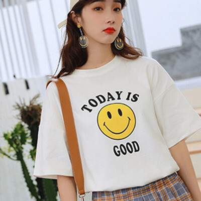 

JOY OF JOY Jingdong Womens 2019 Korean version of the new short-sleeved T-shirt female students smile pattern print summer dress loose shirt female JWTD191834 white L