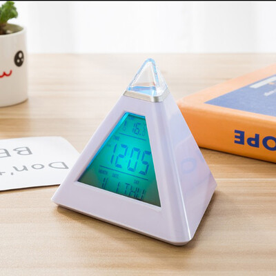 

LED Pyramid Colorful Backlight Digital Clock with Temperature Perpetual Calendar Alarm Clocks Triangle Bell