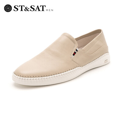 

Saturday Mens Shoes ST&SAT Cow Leather Light Breathable Casual Lazy One-Pedose Driving Board Shoes SS92123231 Apricot 41