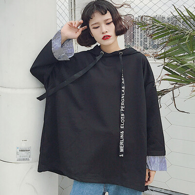 

City Plus CityPLUS 2019 new Harajuku style loose stitching stripe long sleeves loose large size thin section sweater women CWWY191276 black M