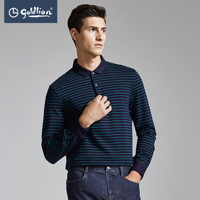 

Jin Lilai 2018 autumn mens skin soft warm horizontal stripes lapel business casual long-sleeved T-shirt green strip S