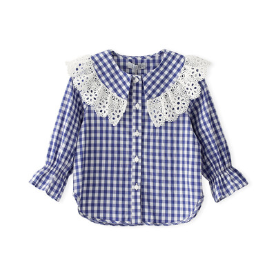 

Cicie self-employed childrens clothing girls shirt plaid lace side shirt girls childrens shirt C91005 blue 11056