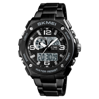 

SKMEI 1333 Men Quartz 3 Time Chrono Watches Countdown Analog Digital Display Wristwatch 5ATM Waterproof Fashion Casual Backlight