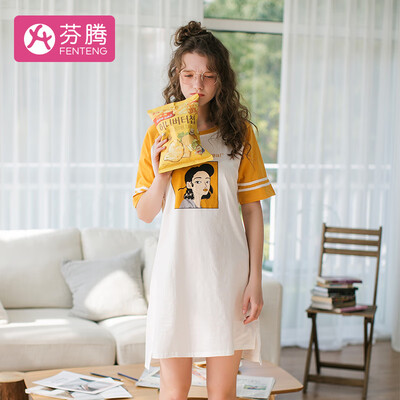 

Fen Teng 2019 spring&summer new personality cartoon sleeve casual cotton short-sleeved home service ladies pajamas nightdress X980A20213 turmeric