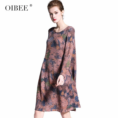 

OIBEE2019 fashion printing womens new long section large swing bottom knit long sleeve womens dress tide