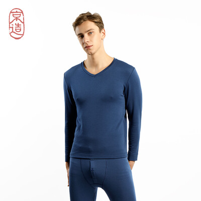 

JZAO mens thermal underwear wool thickening autumn clothes long pants warm set sea dark blue V collar XXL code