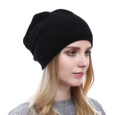 

Women Knitted Beanies Hat Rhinestones Ribbed Autumn Winter Baggy Cap Warm Skullies Headwear