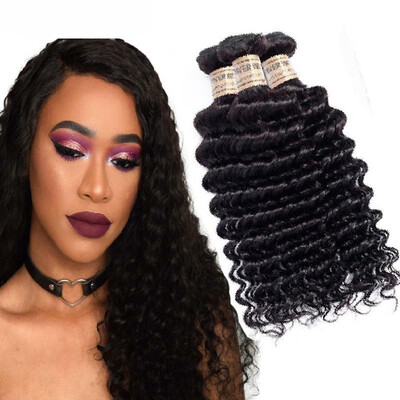 

Brazilian Deep Wave Hair 3 Bundles With Lace Closure Human Hair Weave Bundles with 44 Free Part Closure Non Remy Hair Extensions