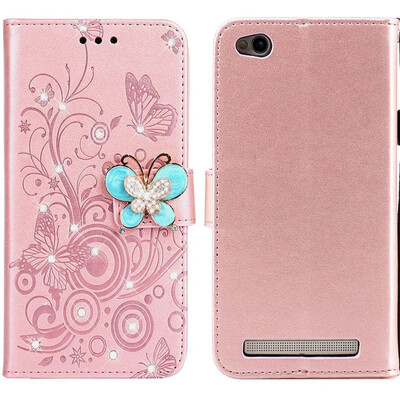 

MOONCASE Millet Red Rice 5A Butterfly Rhinestone Embossed Leather Case - Rose Gold