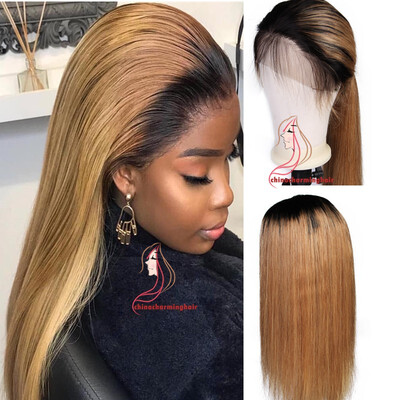 

Brazilian virgin human hair Lace front wigs Silk straight Ombre 1b27 color Glueless wigs for black women