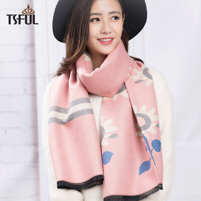 

Tsful scarf female winter new bib large shawl long thick warm thick wear dual-use casual wild TSO605WJA sun flower - pink