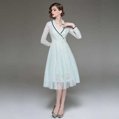 

M L XL XXL elegant new spring 2019 long lace dress women long sleeve blue vintage slim A line mid calf v neck lady