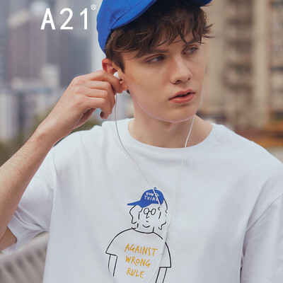 

Pure online brand A21 2019 summer new mens simple casual wild round neck printing mens short-sleeved T-shirt R491131022 special white 17588AL