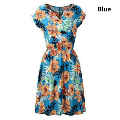 

Cotton printed round neck short sleeve elastic waist casual dress