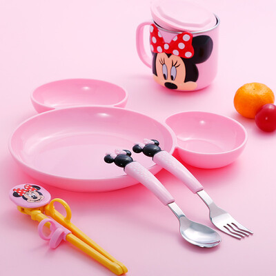 

Disney childrens tableware baby dinner plate with lid single handle water cup chopsticks spoon fork set combination 5 sets Minnie