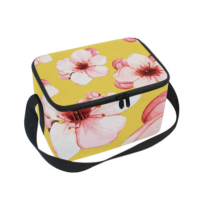 

Lunch Box Insulated Lunch Bag Large Cooler Pink Floral Under Yellow Background Tote Bagfor Kids Men Women