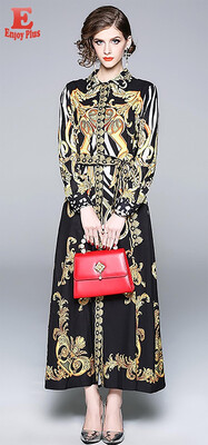 

M L XL XXL vintage new autumn 2018 long maxi dress women long sleeve gold&black digital print ankle length with belt elegant l
