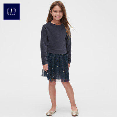 

GAP flagship store girls velvet tulle stitching long sleeve dress 398427 navy blue