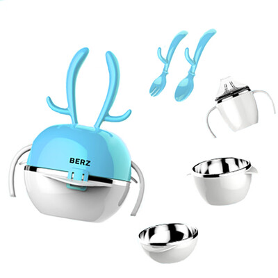 

5Pcs Stainless Steel Dinnerware Set Stack-up Portable Baby Tableware Kids Cups Plates Bowls Fork Spoon Pink Rabbit