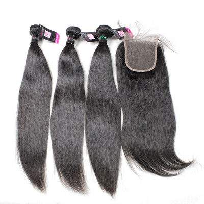 

Superior Grade mix 3 bundles with 44 lace closure Brazilian Straight Virgin Human hair extensions