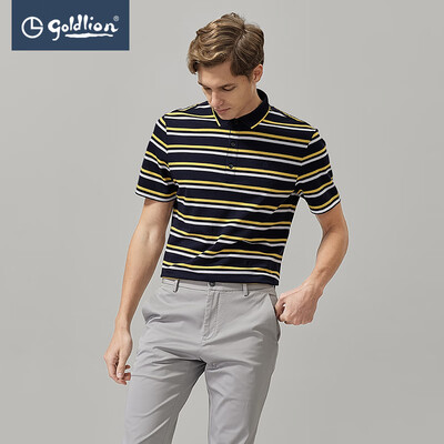 

Goldlion Goldlion 2019 Summer New Mens Dry Breathable Fashion Colorblock Striped Jacquard Lapel Short Sleeve T-Shirt Yellow S