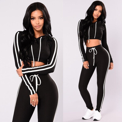 

New Fashion Women 2PCS Casual Autumn Spring Clothes Sets Long Sleeve Crop Hooded Tops High Waist Pants Fashion Striped Sets