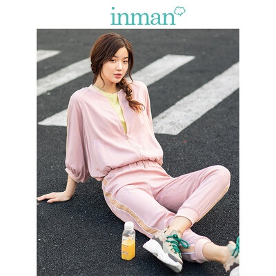 

INMAN 2019 spring new baseball collar casual jacket high waist was thin loose beam foot sweatpants two-piece female 1891170554 meat pink M