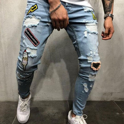 

New Season Men Fashion Casual Denim Hole Jean Stretchy Skinny Jeans Slim Pencil Pants Plus Size Blue Long Pants Zipper