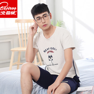 

Arctic velvet mens pajamas summer short-sleeved shorts cotton mens summer stripes plus fertilizer  home service suit 4667 gray L