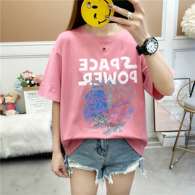 

Langyue Womens 2019 Summer New Short Sleeve T-Shirt Female Korean Print Loose Student Top LWTD191513 Pink M