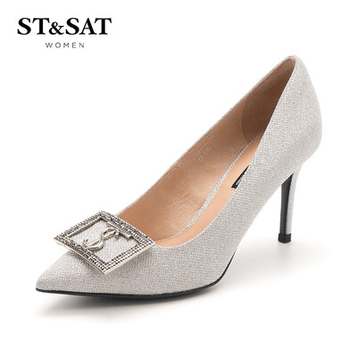 

Saturday ST & SAT counter with the same Glitter buckle high-heeled fashion shallow mouth shoes SS91111230 silver 34