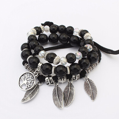 

Tree of Life&Leaves Pendant Ethnic Elastic Marble Beads Bracelets Leather Rope Boho Statement Bangles Women Jewelry